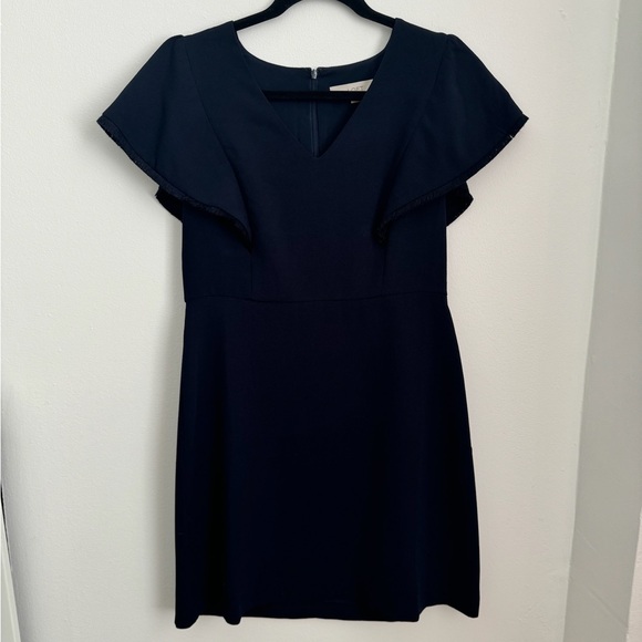 LOFT Navy Blue Flutter Sleeve V-Neck Solid Crepe Sheath Mini Dress Size 4P - Picture 2 of 8